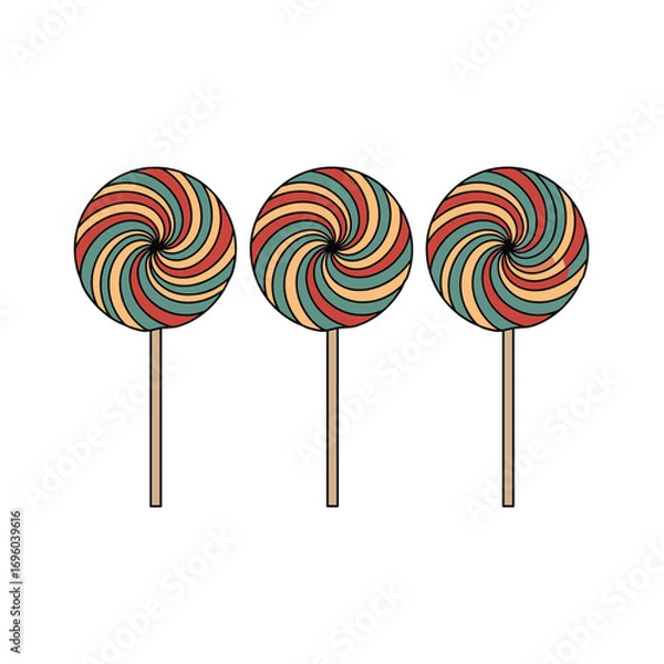 Obraz A trio of colorful swirled lollipops on wooden sticks a delightful sweet treat for everyone