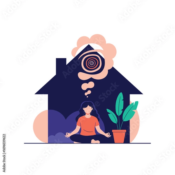 Obraz A person meditating indoors inside a stylized house with clouds of thoughts above their head illustrating mindfulness and self care practices for mental well being