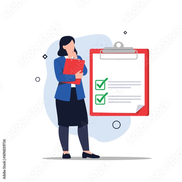 Obraz Professional woman holding clipboard and red folder reviewing checklist tasks