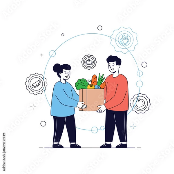 Obraz Two people carrying a box filled with fresh groceries and healthy food items