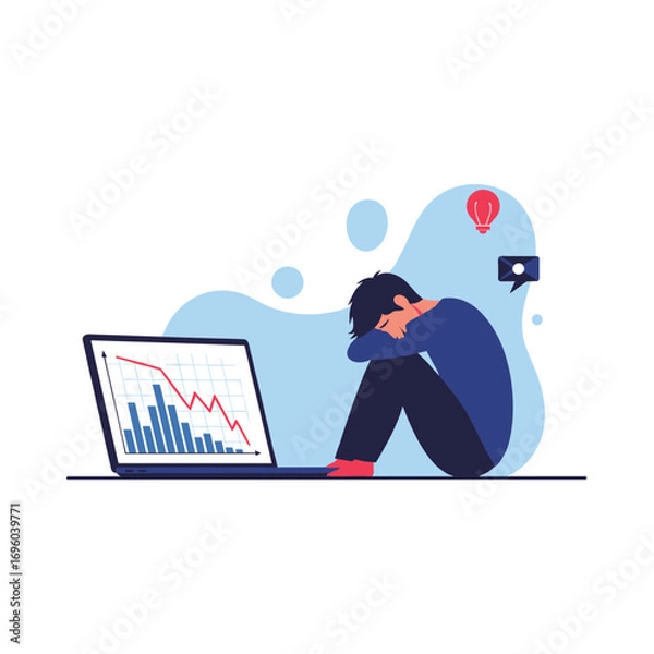 Obraz Disappointed individual facing financial downturn depicted on a laptop screen with a downward trending graph illustration