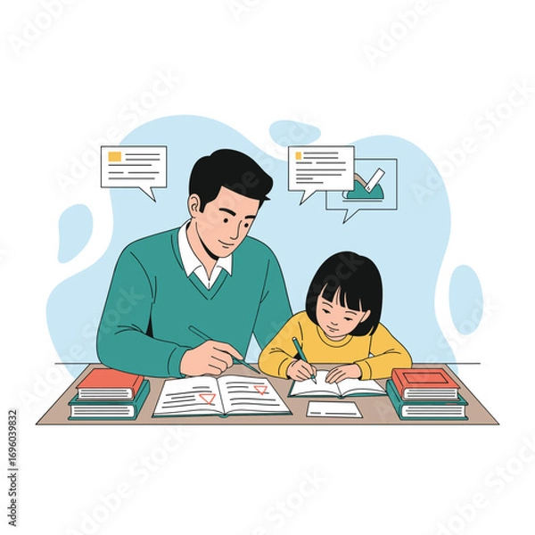 Obraz A caring father patiently guides his young daughter through her homework and learning together