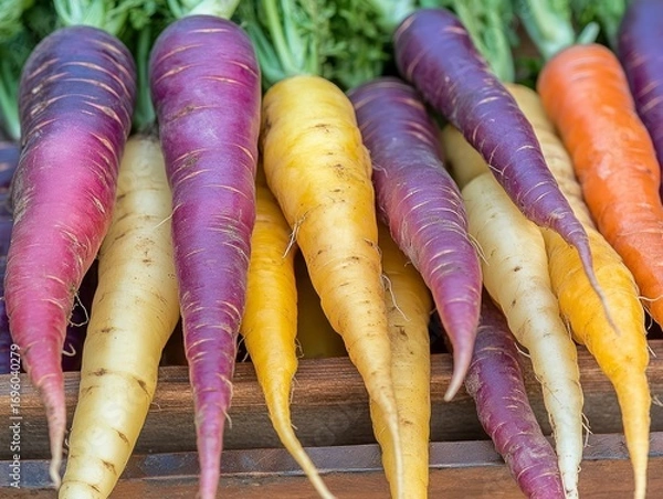 Fototapeta Close-up of multicolored heirloom carrots in shades of purple, yellow, and orange