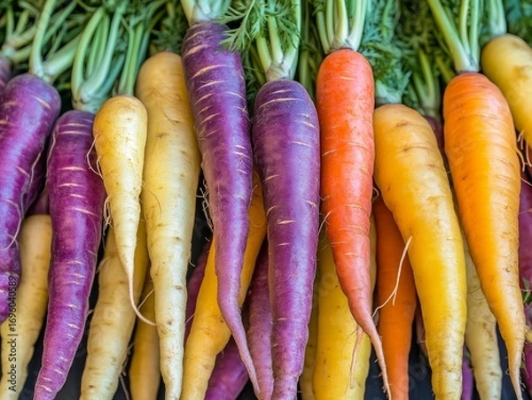 Fototapeta Close-up of multicolored heirloom carrots in shades of purple, yellow, and orange