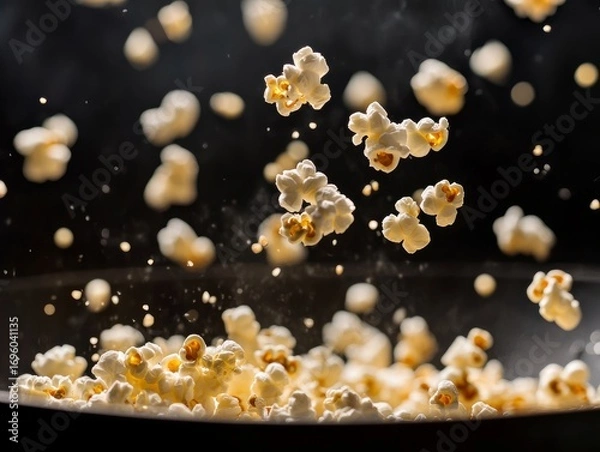 Fototapeta Close-up of popcorn kernels popping in a pan, mid-air explosion captured