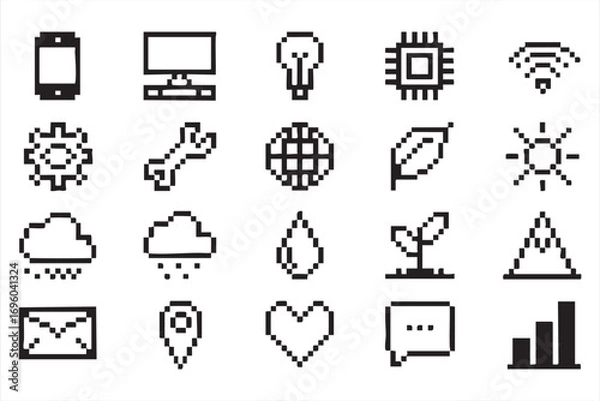 Fototapeta Retro 8-Bit Pixel Icon Pack Featuring WiFi Cloud Leaf and Light Bulb Signs