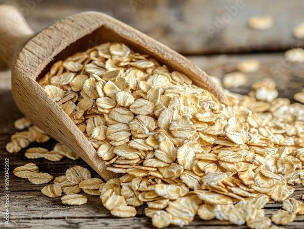 Fototapeta Close-up of raw rolled oats spilling from a wooden scoop onto a rustic table