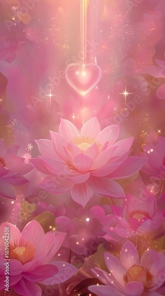 Obraz Romantic Fortune Wallpaper with Lotus, Heart Light, and Cosmic Aura