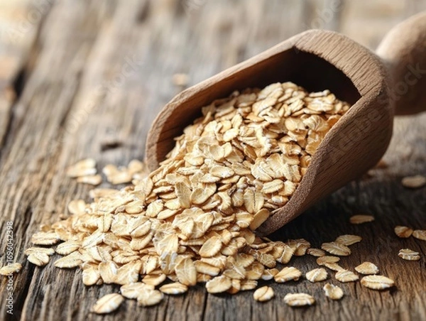 Fototapeta Close-up of raw rolled oats spilling from a wooden scoop onto a rustic table