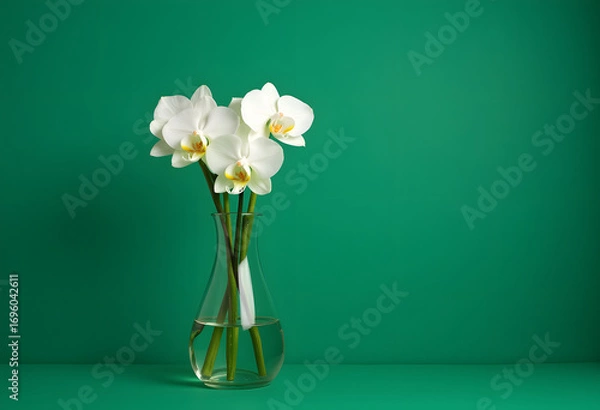Fototapeta White Orchids in Vase on the green color background