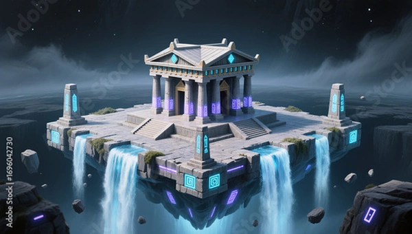 Fototapeta Majestic floating temple surrounded by glowing waterfalls at night