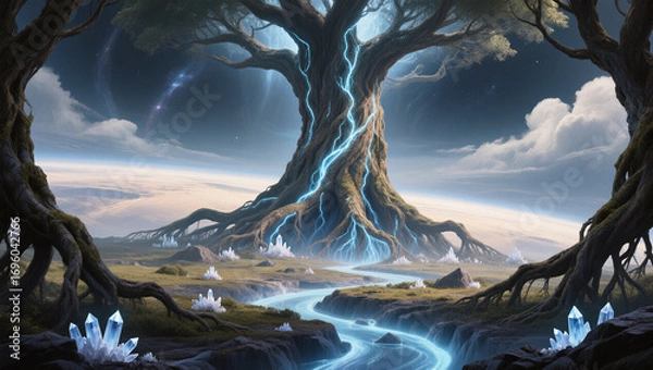 Fototapeta Majestic ancient tree with glowing roots in a fantastical landscape