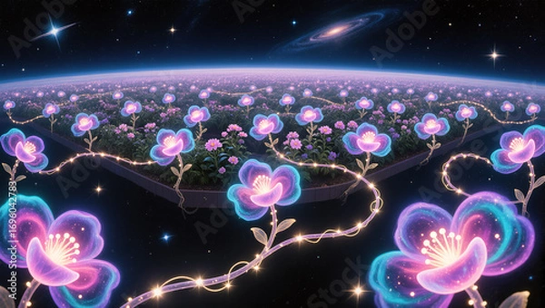 Fototapeta Colorful flowers bloom in a cosmic garden under starlight