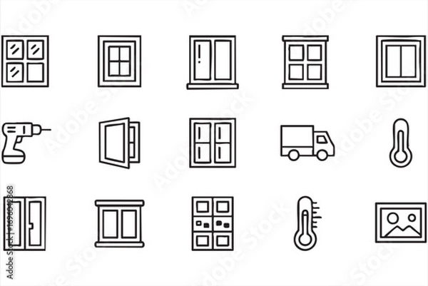 Fototapeta Window Installation and Home Repair Line Icons Set with Tools and Thermometer Symbols