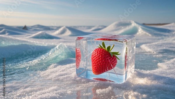 Fototapeta Frozen strawberries in clear ice on a frosty scene