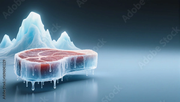 Fototapeta Creative concept of frozen meat with icebergs in a surreal landscape