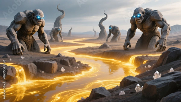 Fototapeta Mysterious stone creatures emerge from glowing river under moonlight