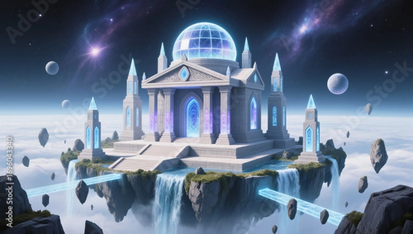 Fototapeta Majestic floating temple in a cosmic landscape with waterfalls