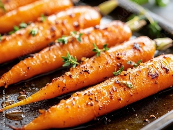 Fototapeta Close-up of roasted carrots drizzled with honey and sprinkled with fresh herbs on a baking sheet