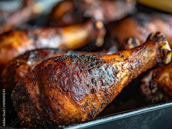 Fototapeta Close-up of smoked turkey legs with a deep, rich color and crispy skin