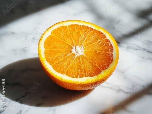 Fototapeta Close-up of an orange cut in half, resting on a marble surface with soft natural lighting