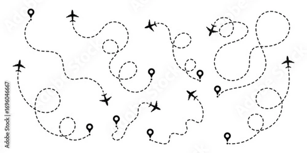 Fototapeta Airplane line path route travel vector concept. Simple airplane travel line path with map pins. Air plane routes dotted paths aircraft travel route start point flight destination black airplane.