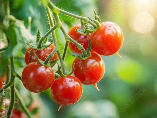 Fototapeta Close-up of cherry tomatoes still attached to the vine, glistening in natural light