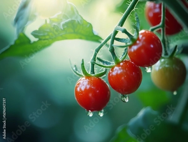 Fototapeta Close-up of cherry tomatoes still attached to the vine, glistening in natural light