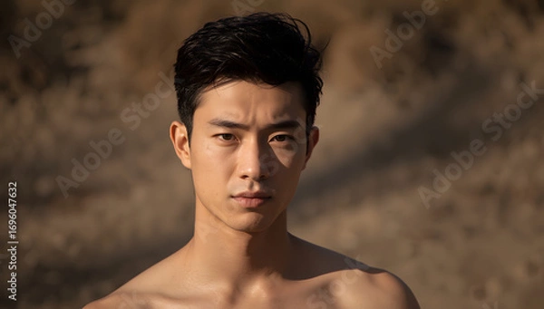 Fototapeta Young Asian man with defined facial features, smooth skin, and expressive dark eyes, standing outdoors with soft shadows cast across his face, emphasizing the contours of his cheekbones and jawline