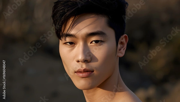 Fototapeta Young Asian man with defined facial features, smooth skin, and expressive dark eyes, standing outdoors with soft shadows cast across his face, emphasizing the contours of his cheekbones and jawline