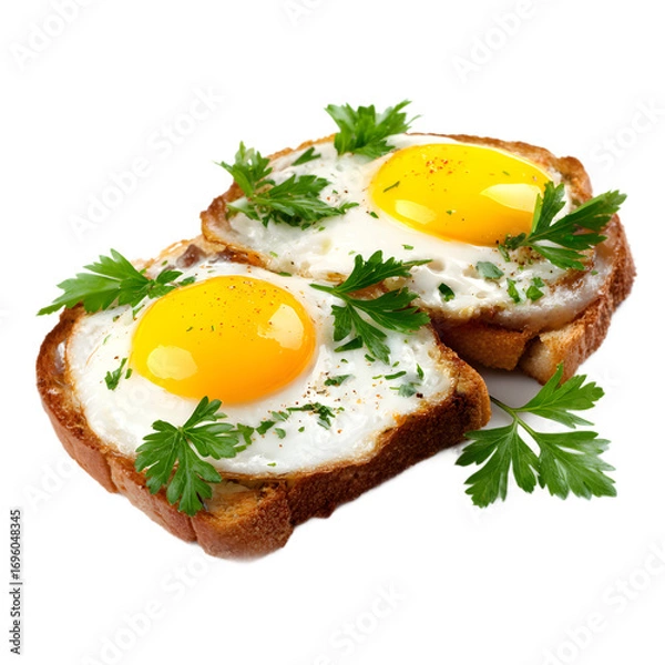 Fototapeta Toasts Topped with Fried Eggs Meat and Parsley isolated on a transparent background.

