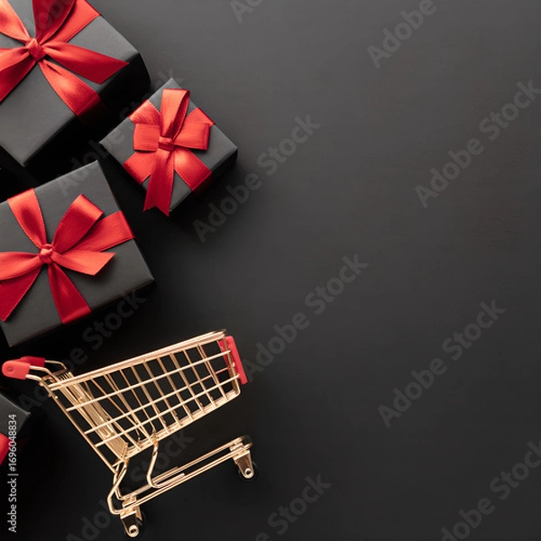 Obraz Black Gift Boxes with Red Ribbons and Gold Shopping Cart