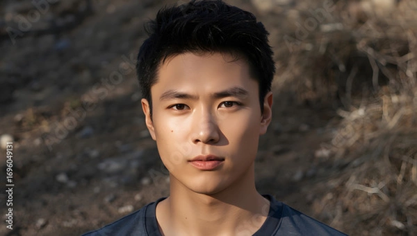 Fototapeta Young Asian man with defined facial features, smooth skin, and expressive dark eyes, standing outdoors with soft shadows cast across his face, emphasizing the contours of his cheekbones and jawline