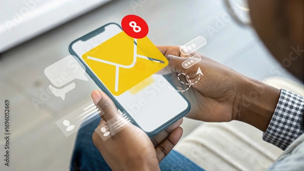 Fototapeta Digital communication, email notification on smartphone, new message alert, mobile marketing, person checking inbox, email marketing campaign, online messaging app, social media communication