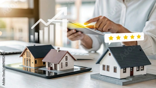 Fototapeta Real estate investment growth, housing market analysis, property investment with rising chart, business using tablet for real estate fintech, miniature house models on digital platform