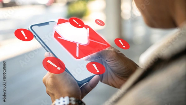 Fototapeta Spam email alert, phishing warning on smartphone, red exclamation mark notification, cybersecurity threat, digital scam detection, person checking dangerous email, mobile phone with security risk
