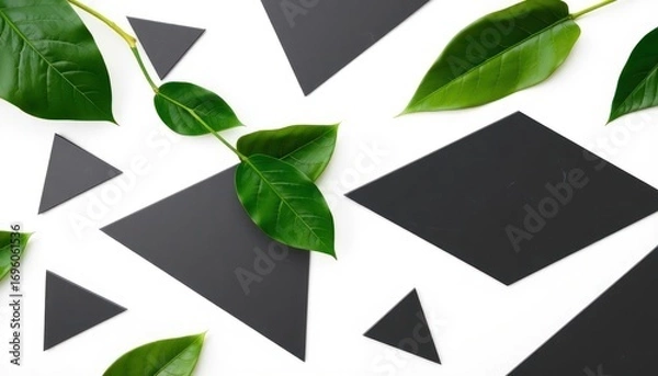 Obraz minimalist flat lay of green leaves and black geometric shapes