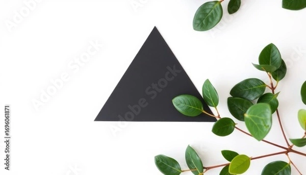 Obraz Minimalist Green Leaf Plant with Black Triangle Element