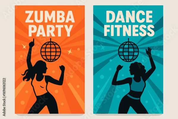 Fototapeta Two vertical A6 banners flat vector design neon orange and cyan backgrounds dance fitness with disco lights zumba party vibe first banner with text Zumba Party second banner with text Dance.