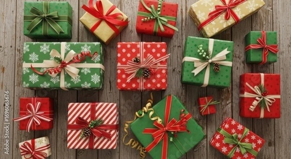 Fototapeta A colorful collection of wrapped christmas presents on a wooden surface