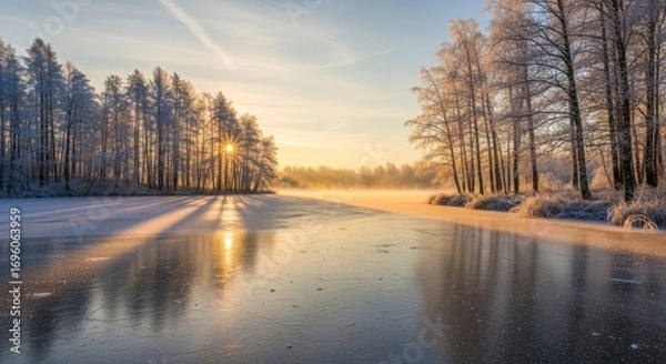 Fototapeta Winter sunrise over a frozen lake with trees and mist