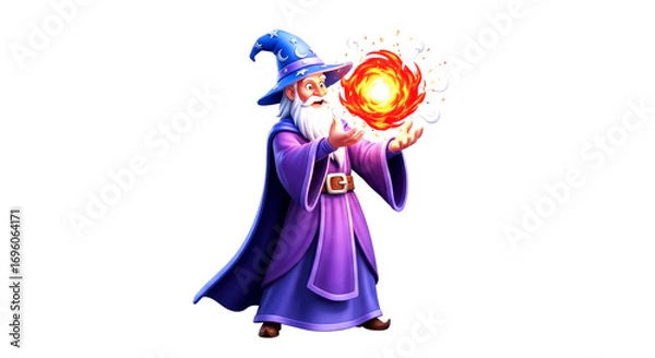 Obraz enchanted wizard mastering fireball magic, 3d model animation, isolated on transparent background