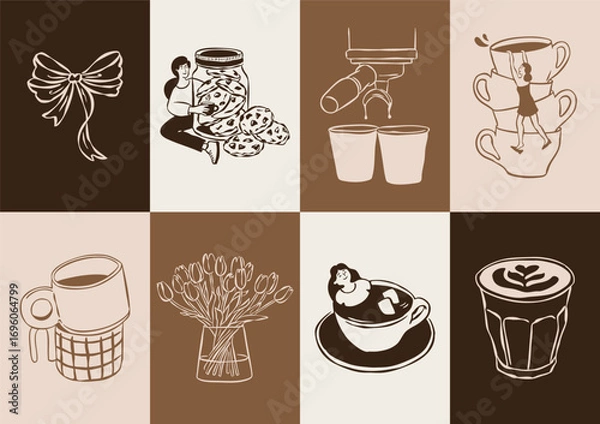 Obraz Sketch style coffee and desserts doodle collection. Art for greeting cards, restaurant menu, poster design, postcards, branding, logo design, patterns.
