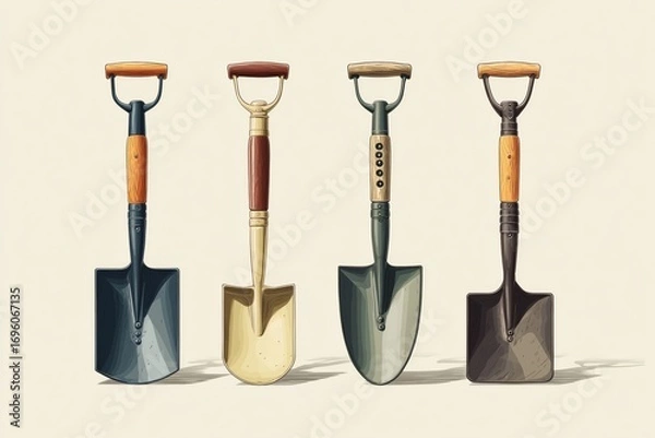 Fototapeta Collection of garden shovels displayed with different designs and materials showcasing craftsmanship and utility for outdoor activities