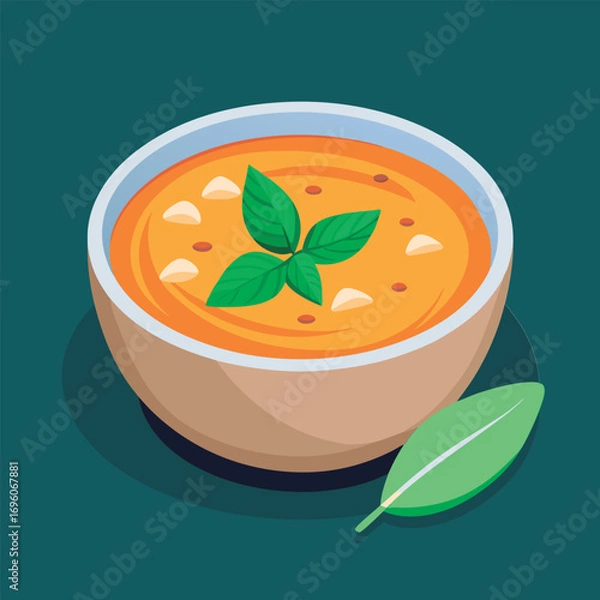 Fototapeta Creamy soup with fresh basil garnish.