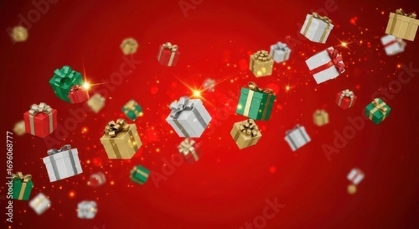 Fototapeta Flying christmas gifts with ribbons and sparkles on a red background