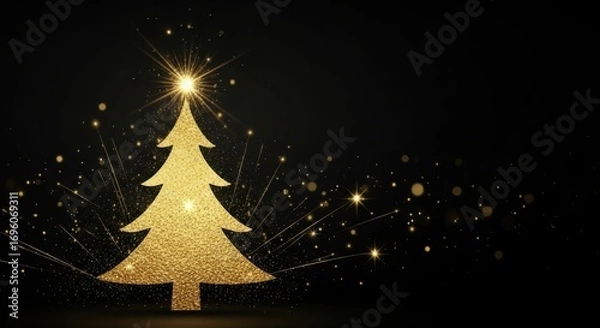 Fototapeta Elegant gold glitter christmas tree with sparkling lights and star