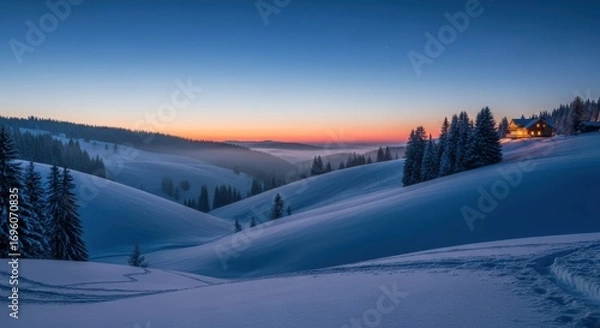 Fototapeta Snowy hills at dawn with warm light on the horizon