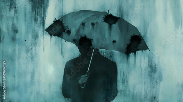 Fototapeta A person holding an umbrella, but holes in the fabric let the rain through, symbolizing failed protection from sorrow