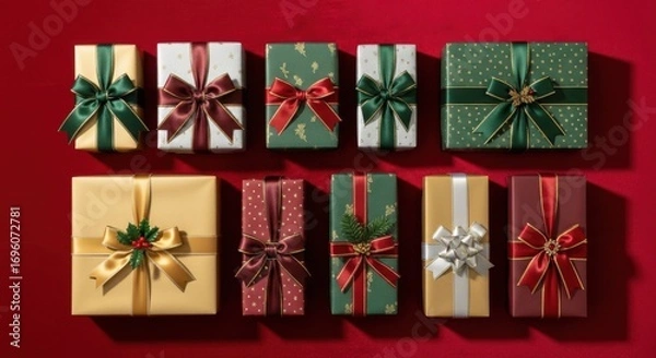 Fototapeta A collection of beautifully wrapped gift boxes with festive ribbons and bows